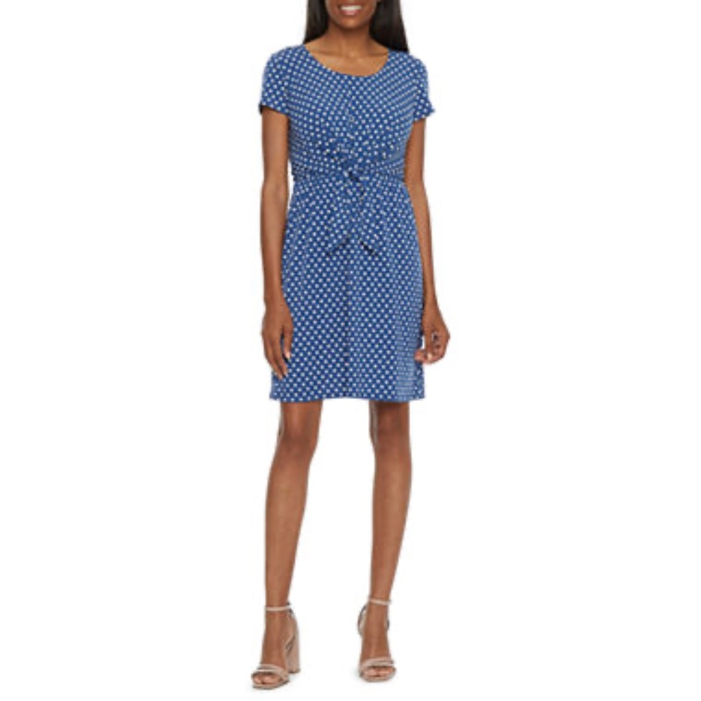 MSK Short Sleeve Polka Dot Fit + Flare Dress Medium|Denim White